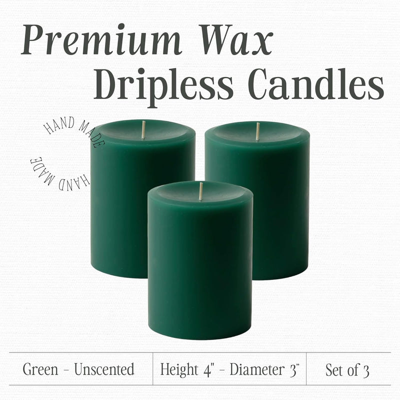 Green Pillar Candles — Set of 3 (3×4), Unscented