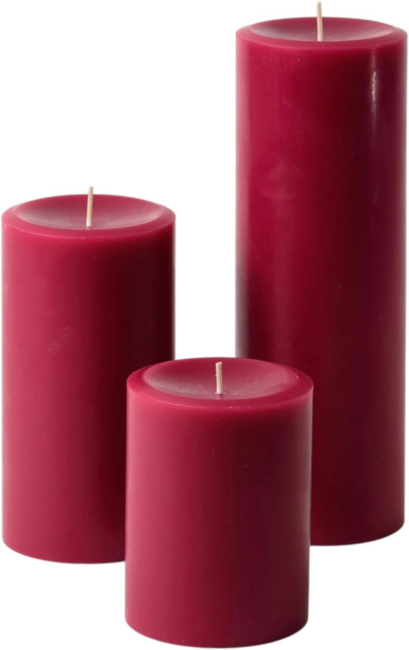 Burgundy Pillar Candles — Set of 3 (3×4, 3×6, 3×9), Unscented