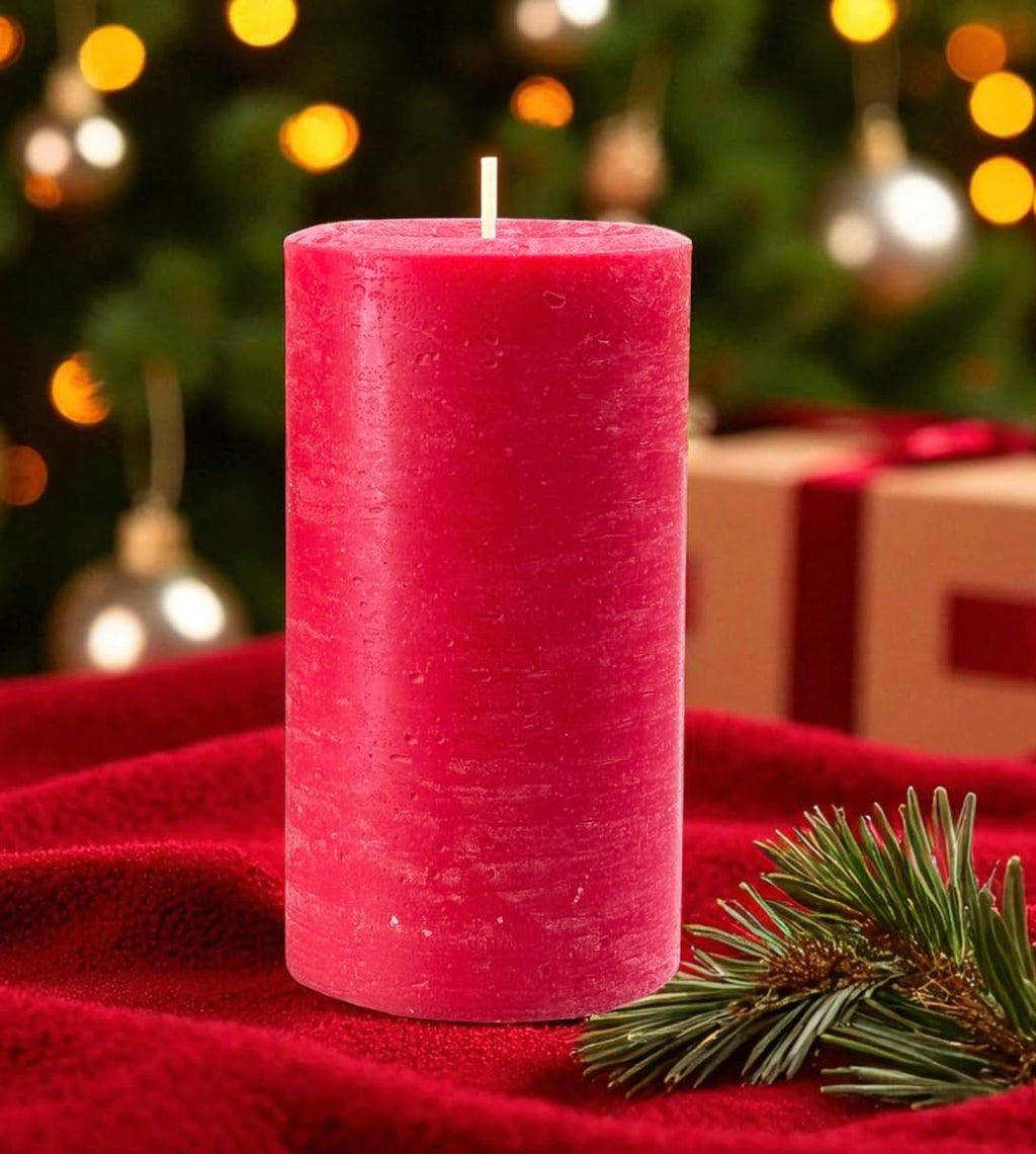 Rustic Red Pillar Candle — 3×6, Unscented