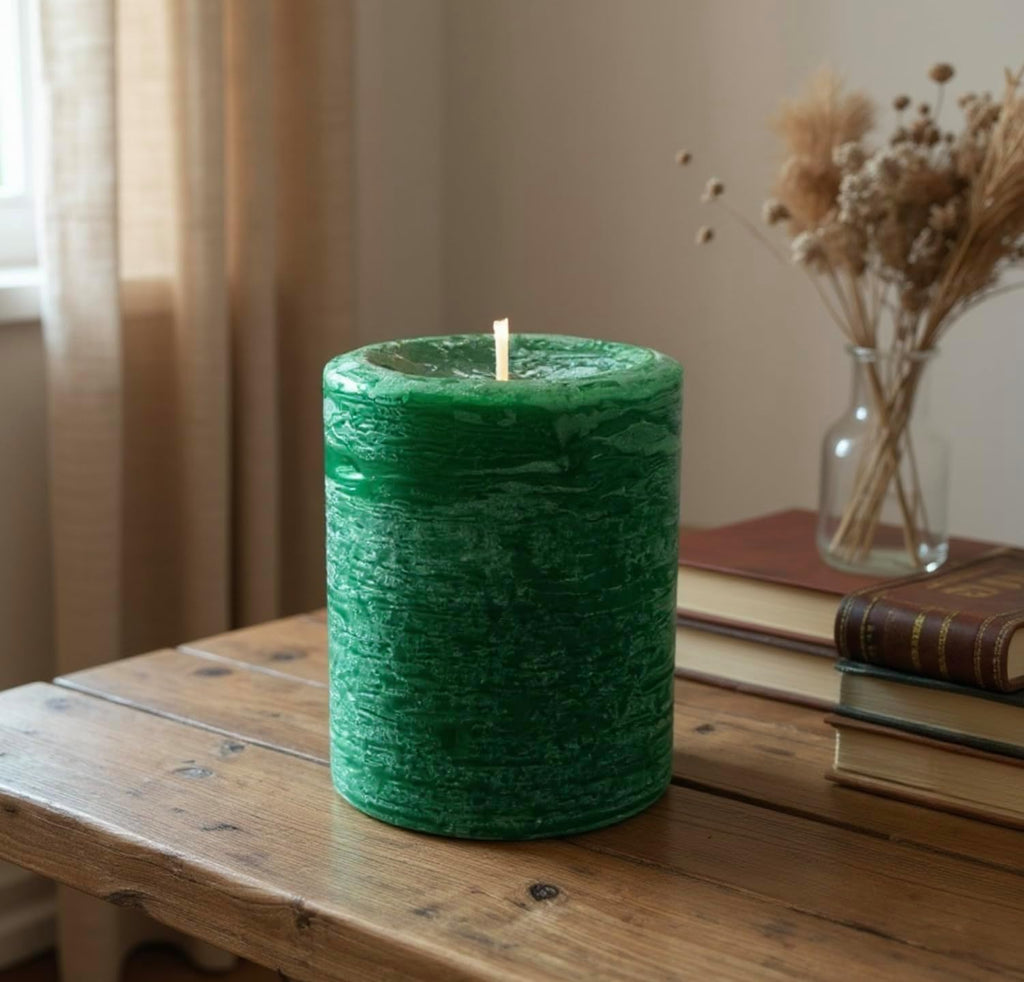 Mistletoe, Pine & Rosemary Pillar Candle — Hunter Green, 3×4