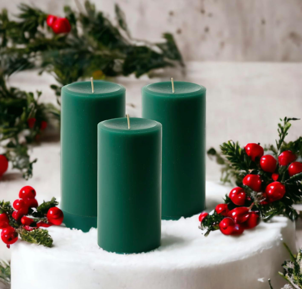 Hunter Green Pillar Candles — Set of 3 (3×6), Unscented