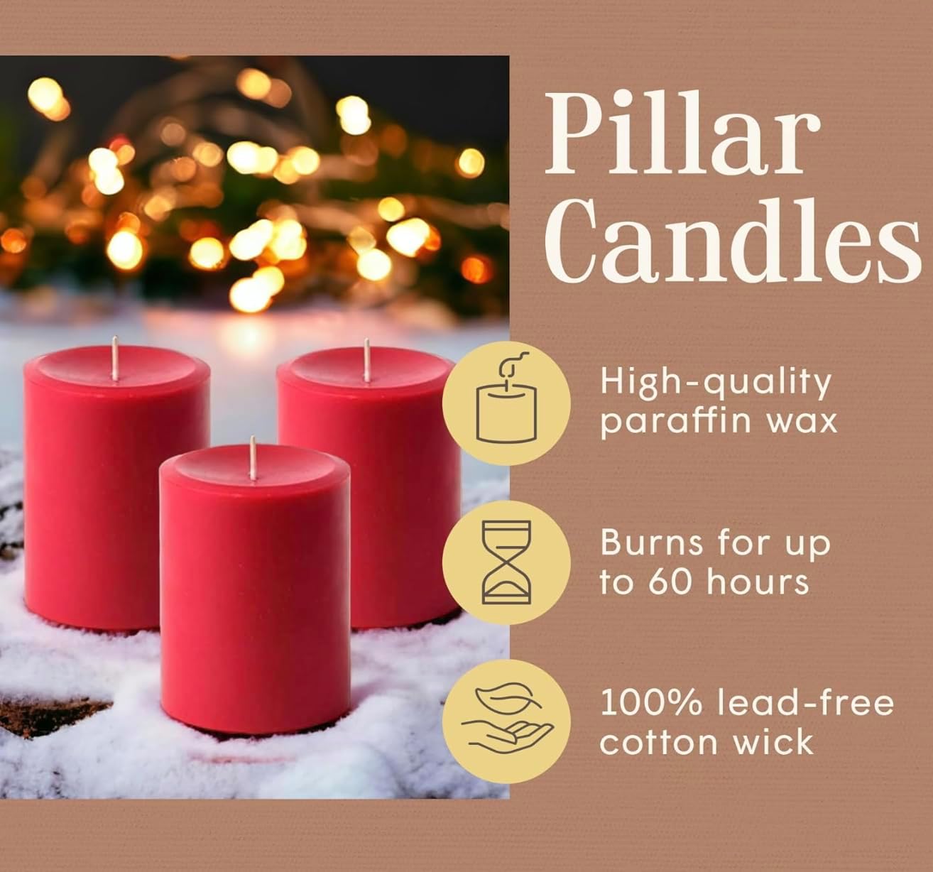 Rustic Red Pillar Candles — Set of 3 (3×4), Unscented