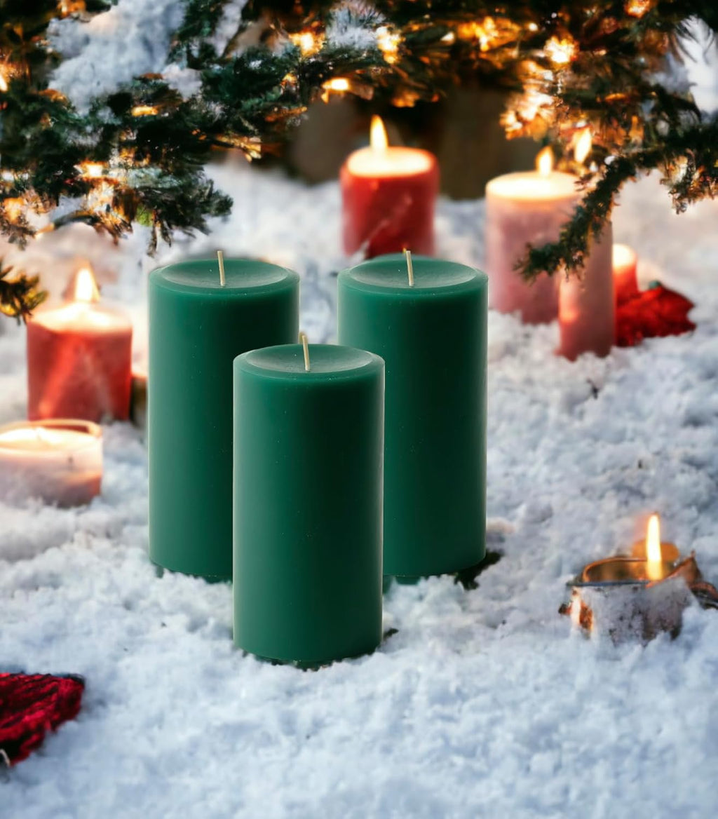 Hunter Green Pillar Candles — Set of 3 (3×6), Unscented