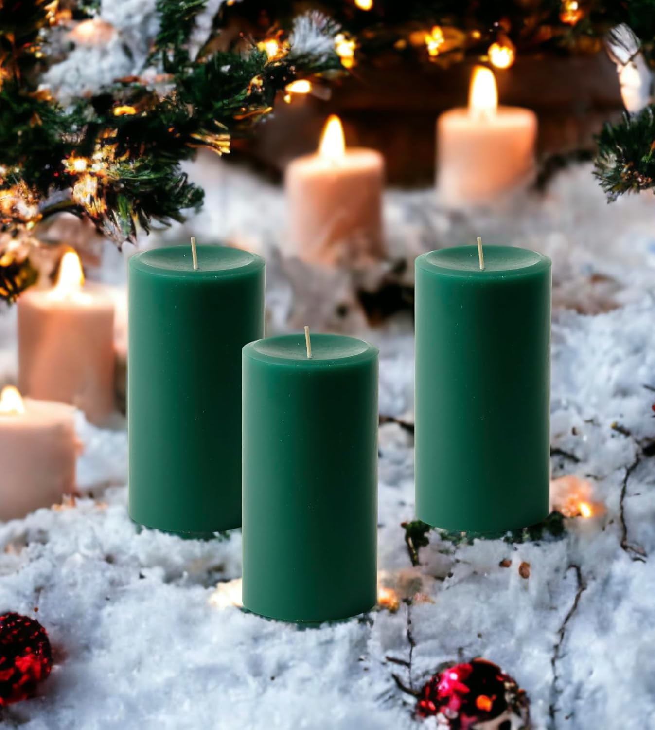 Hunter Green Pillar Candles — Set of 3 (3×6), Unscented