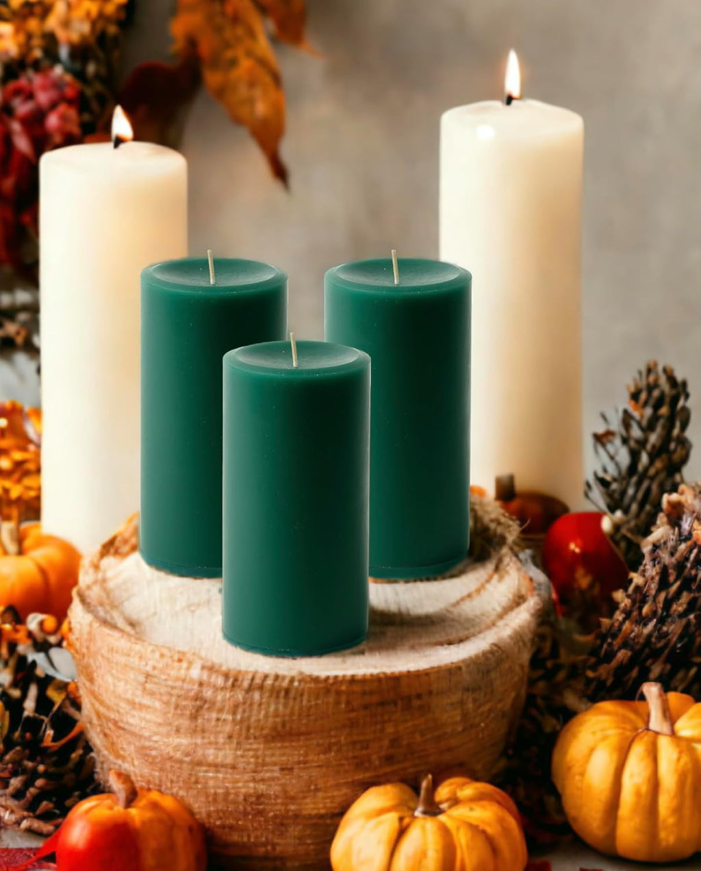 Hunter Green Pillar Candles — Set of 3 (3×6), Unscented