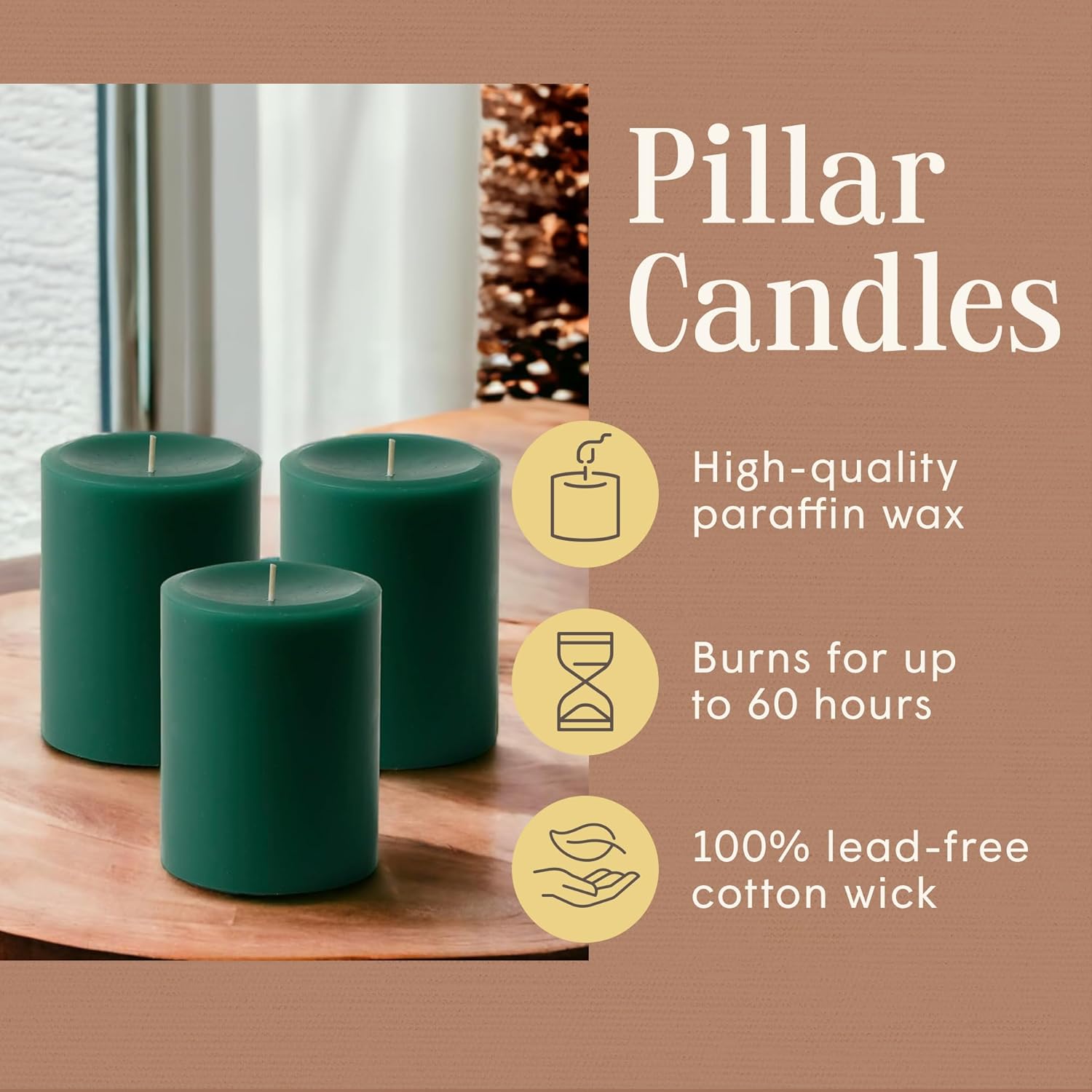 Green Pillar Candles — Set of 3 (3×4), Unscented