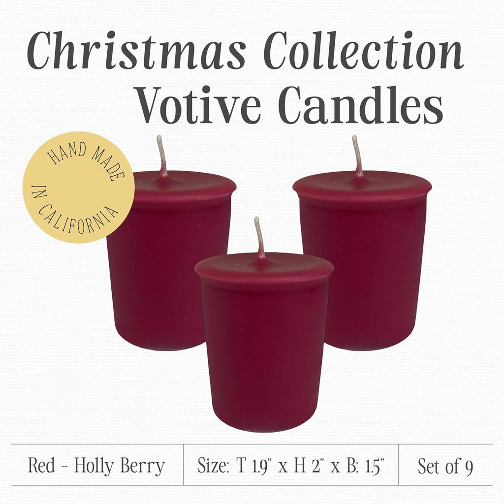 Burgundy Holiday Votive Candles — Holly Berry, Set of 9