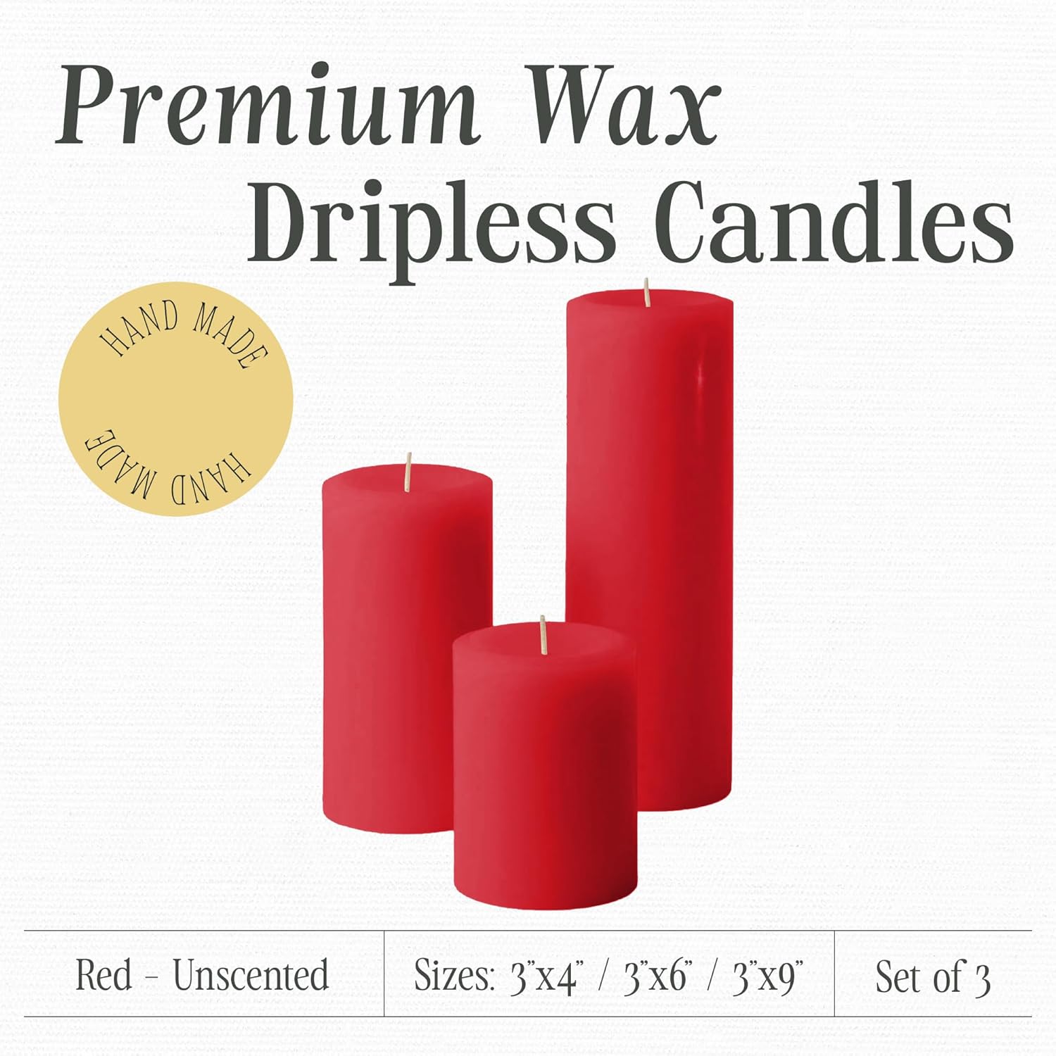 Red Pillar Candles — Set of 3 (3×4, 3×6, 3×9), Unscented