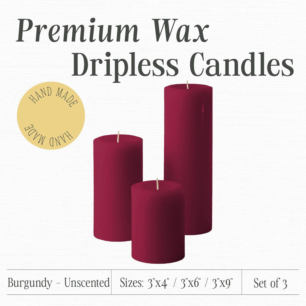 Burgundy Pillar Candles — Set of 3 (3×4, 3×6, 3×9), Unscented