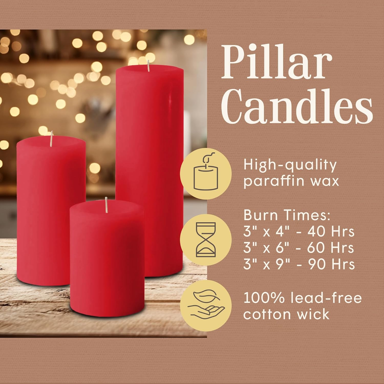 Red Pillar Candles — Set of 3 (3×4, 3×6, 3×9), Unscented