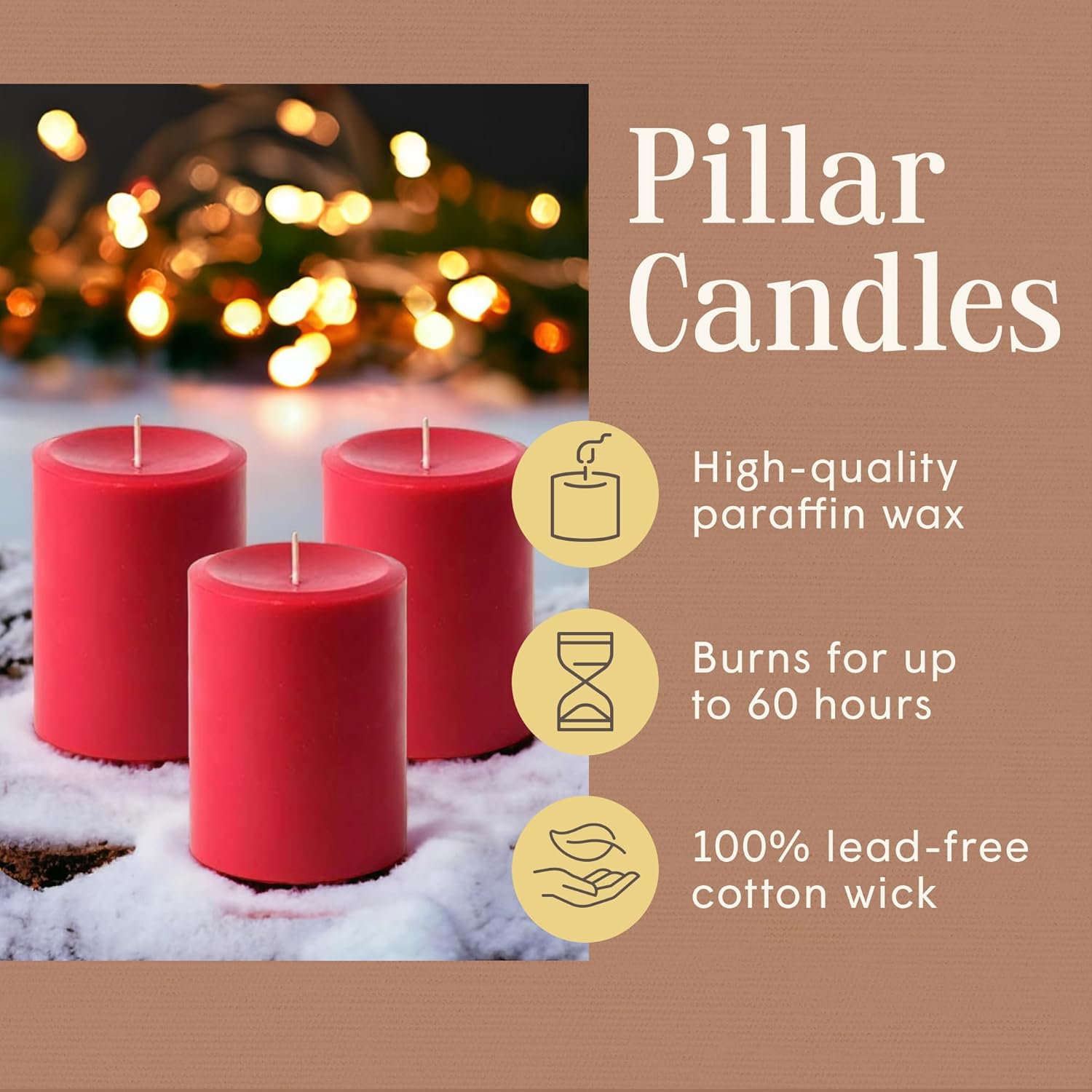Red Pillar Candles — Set of 3 (3×4), Unscented