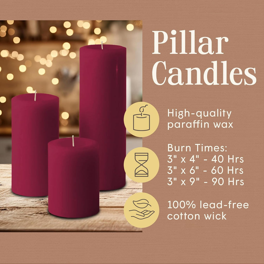 Burgundy Pillar Candles — Set of 3 (3×4, 3×6, 3×9), Unscented